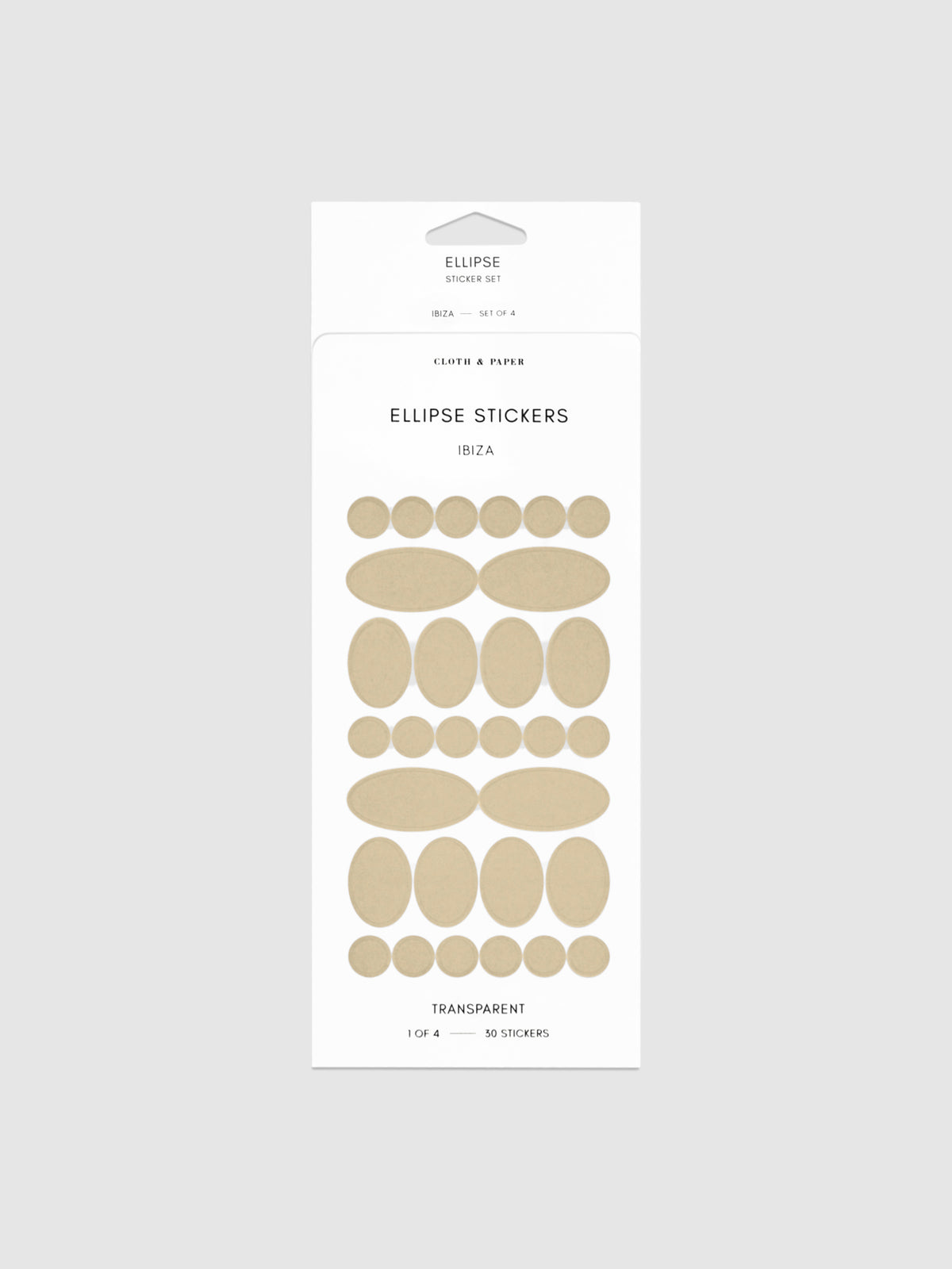 Ibiza stickers in their packaging on a neutral background.