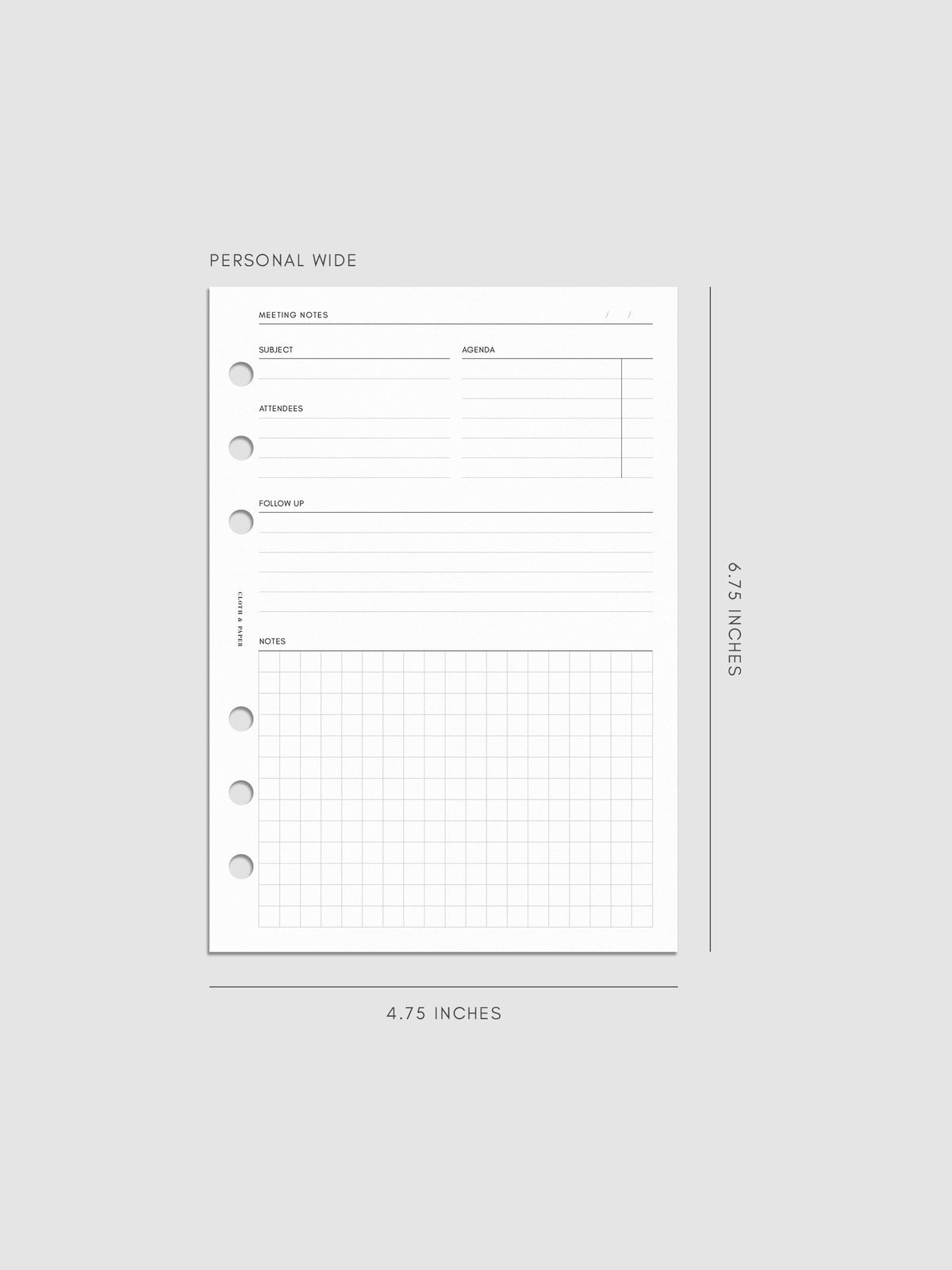 Personal Wide size meeting notes insert measuring 4.75 by 6.75 inches. The minimal layout includes sections for subject, agenda, attendees, follow-up, and a gridded notes area with three ring punches on the side.
