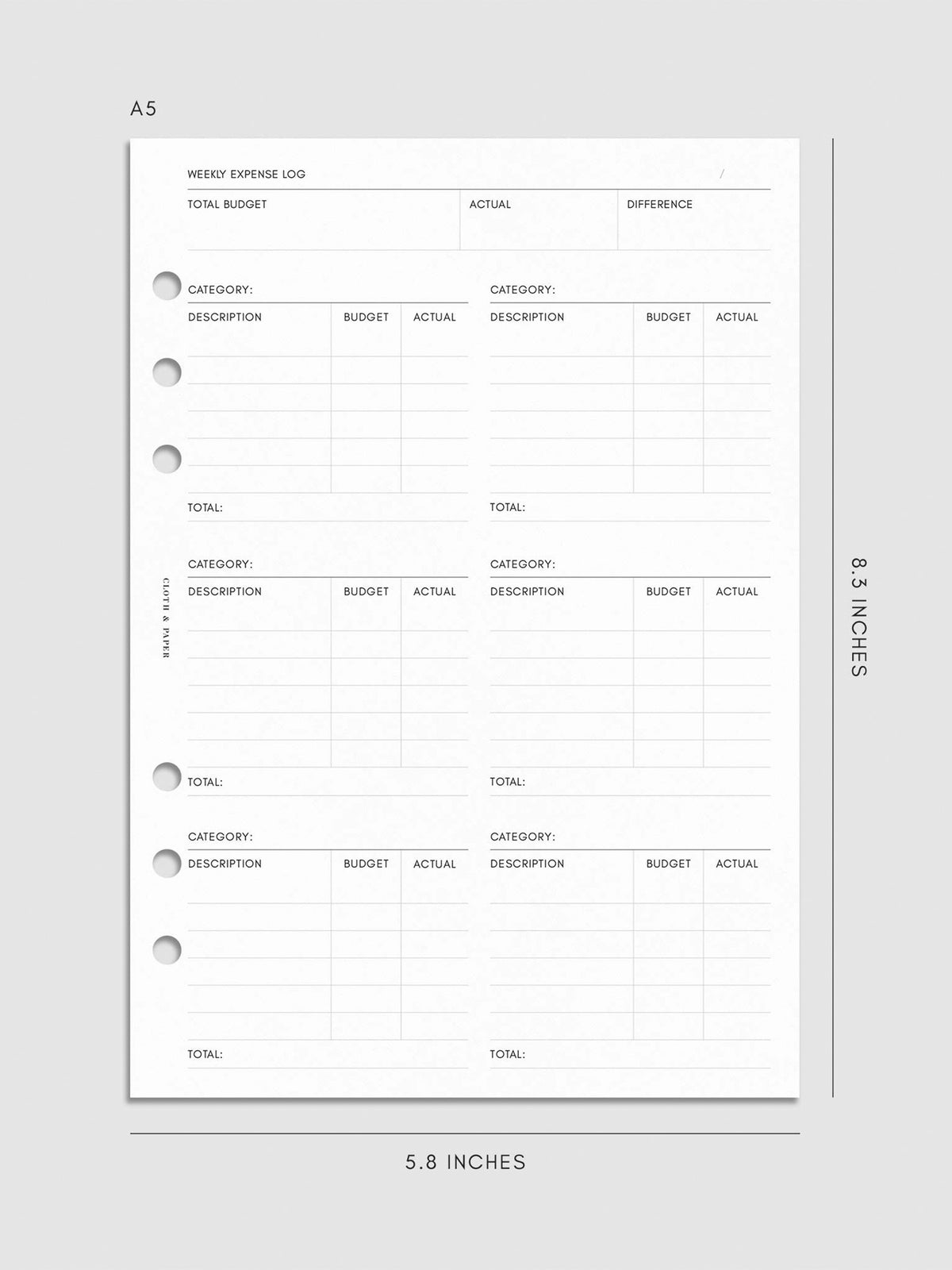 Digital mockup of the Financial Planning Insert | Second Edition with sections for the weekly expense log. Size shown is A5.