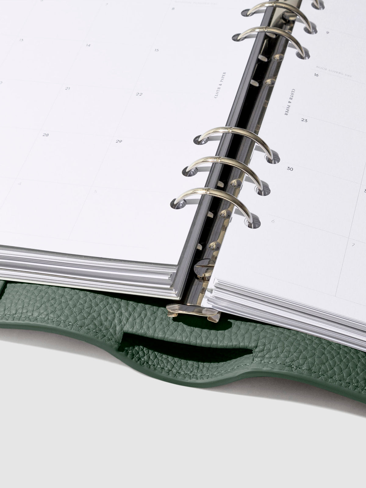 Close-up of silver hardware in a Cypress leather agenda.