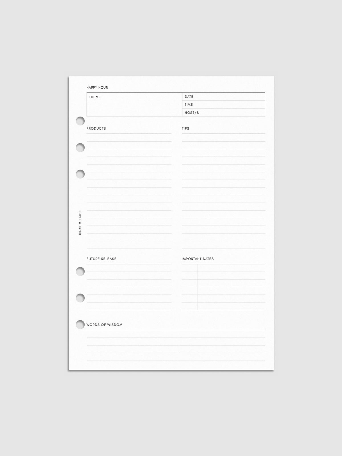 Mockup of Happy Hour Notes Inserts in A5 6-Ring