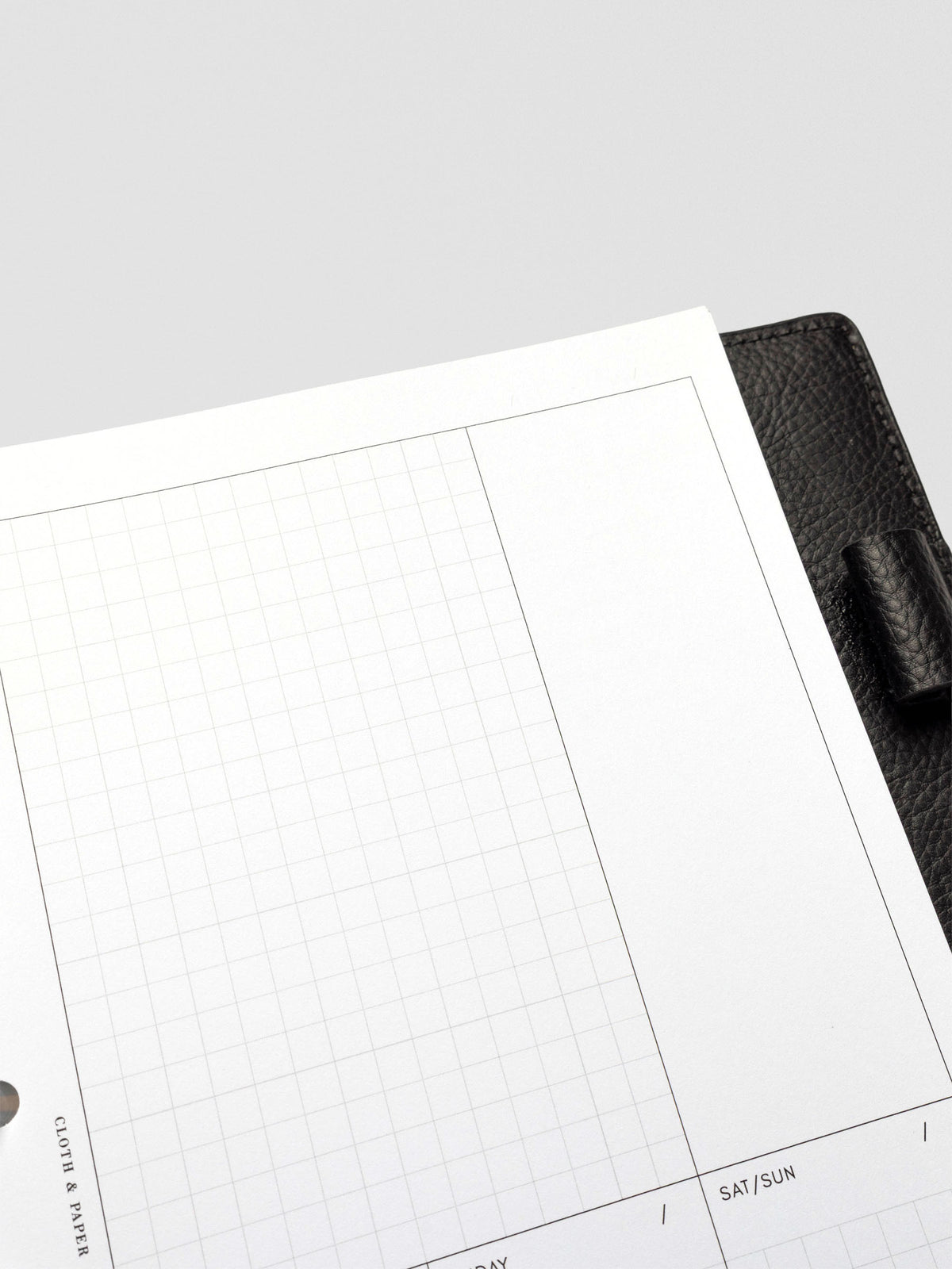A close-up of the right page of the weekly insert showing the empty grid "Task Dump" space and blank vertical section intended for notes or customization.