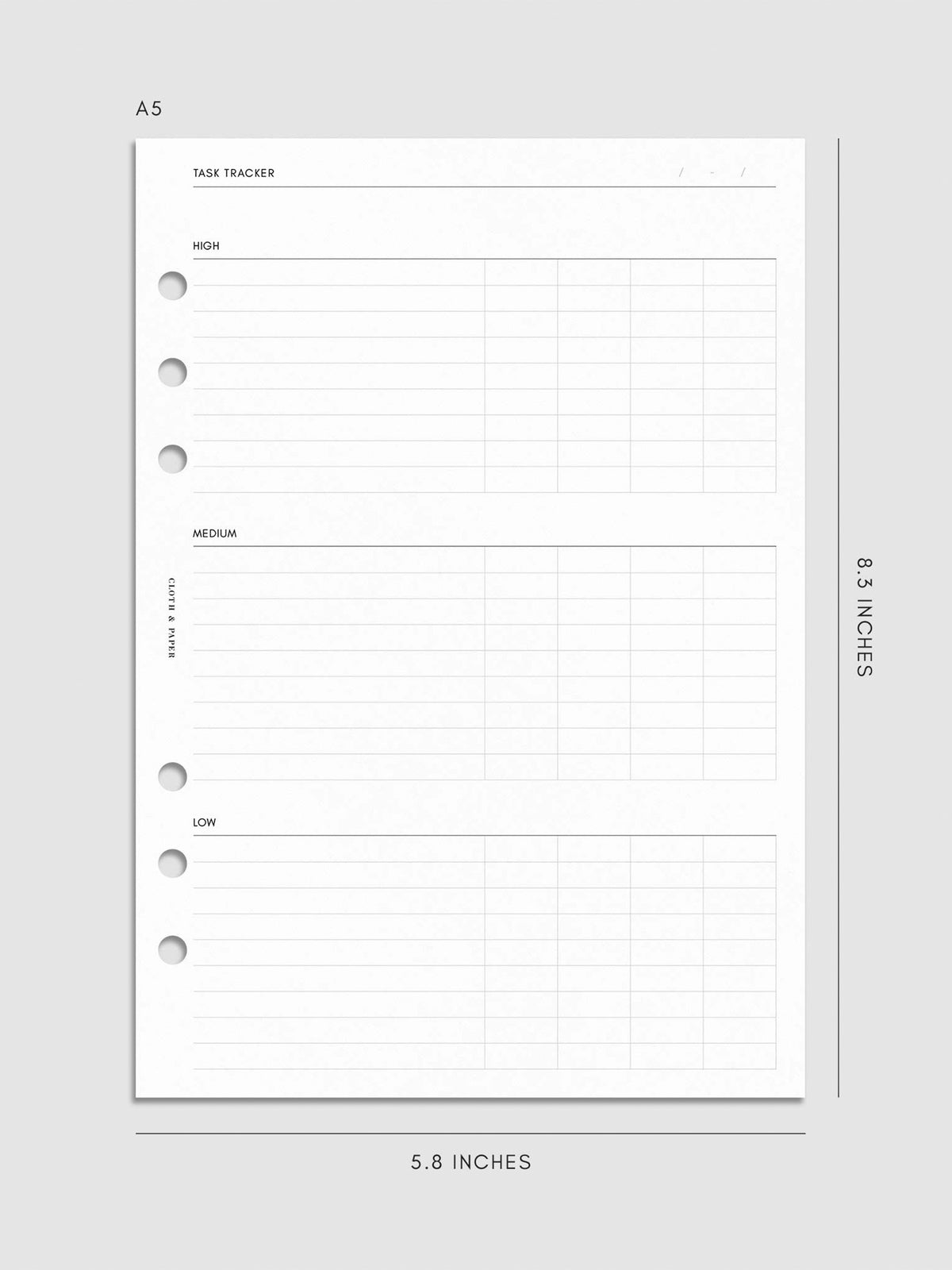 Digital mockup of the Kanban Task Tracker Planner Inserts showing sections for high, medium, and low priority tasks. Size shown is A5.