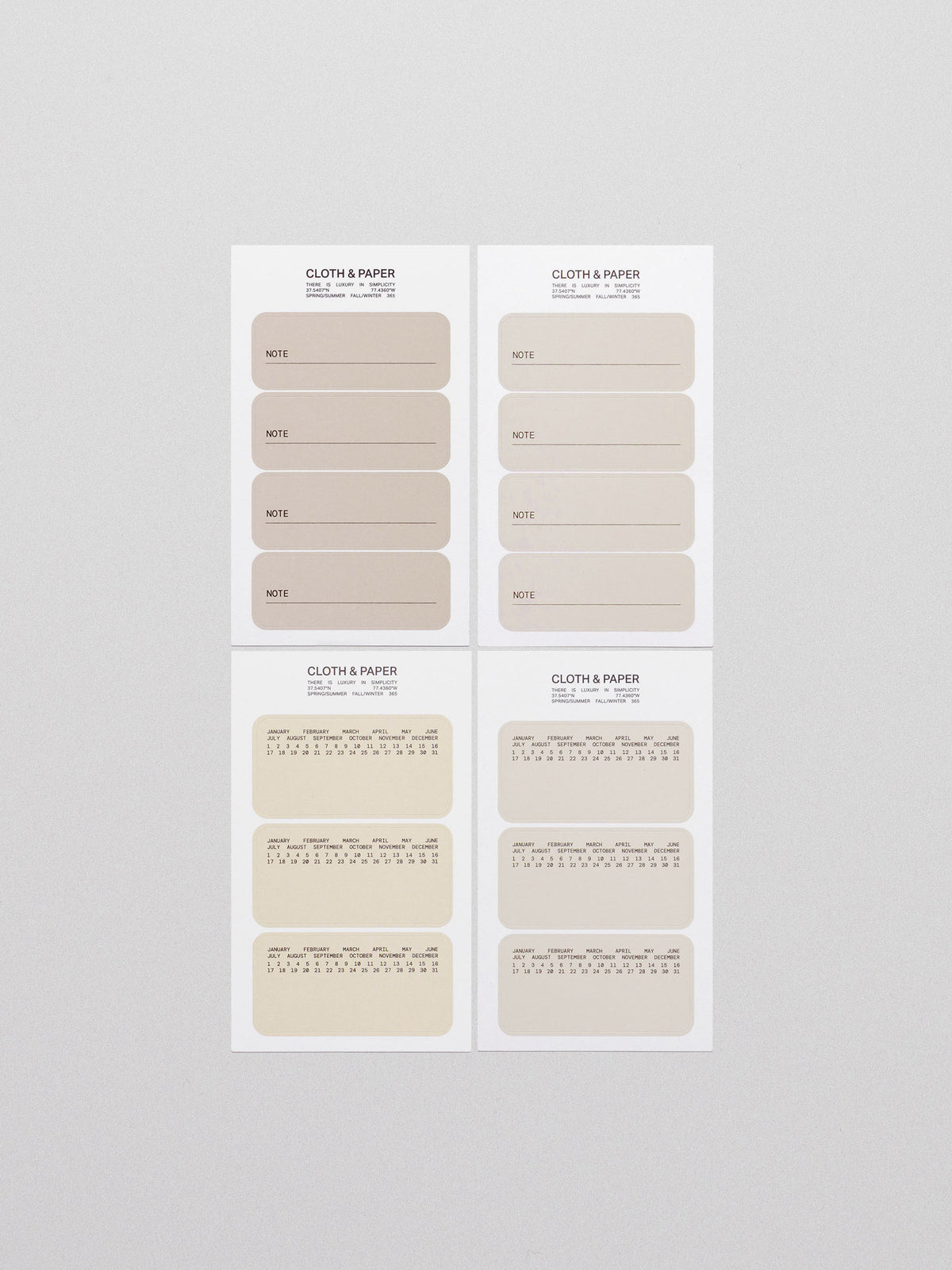 Four sheets of Cloth & Paper Label Planner Stickers titled "Note," displayed on a light grey background. The top two sheets feature rectangular beige stickers labeled "Note" with a line for writing, while the bottom two sheets feature beige stickers with a minimalist yearly calendar printed on each label