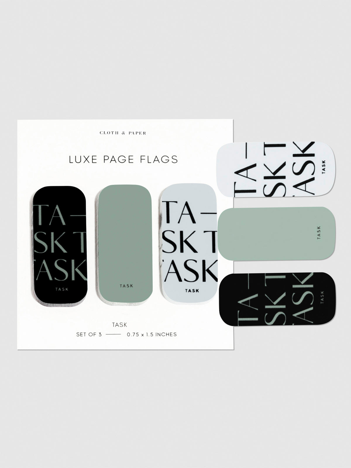 Task page flags on their backings on a neutral background. One of each flag is stuck to the right side of the backing.