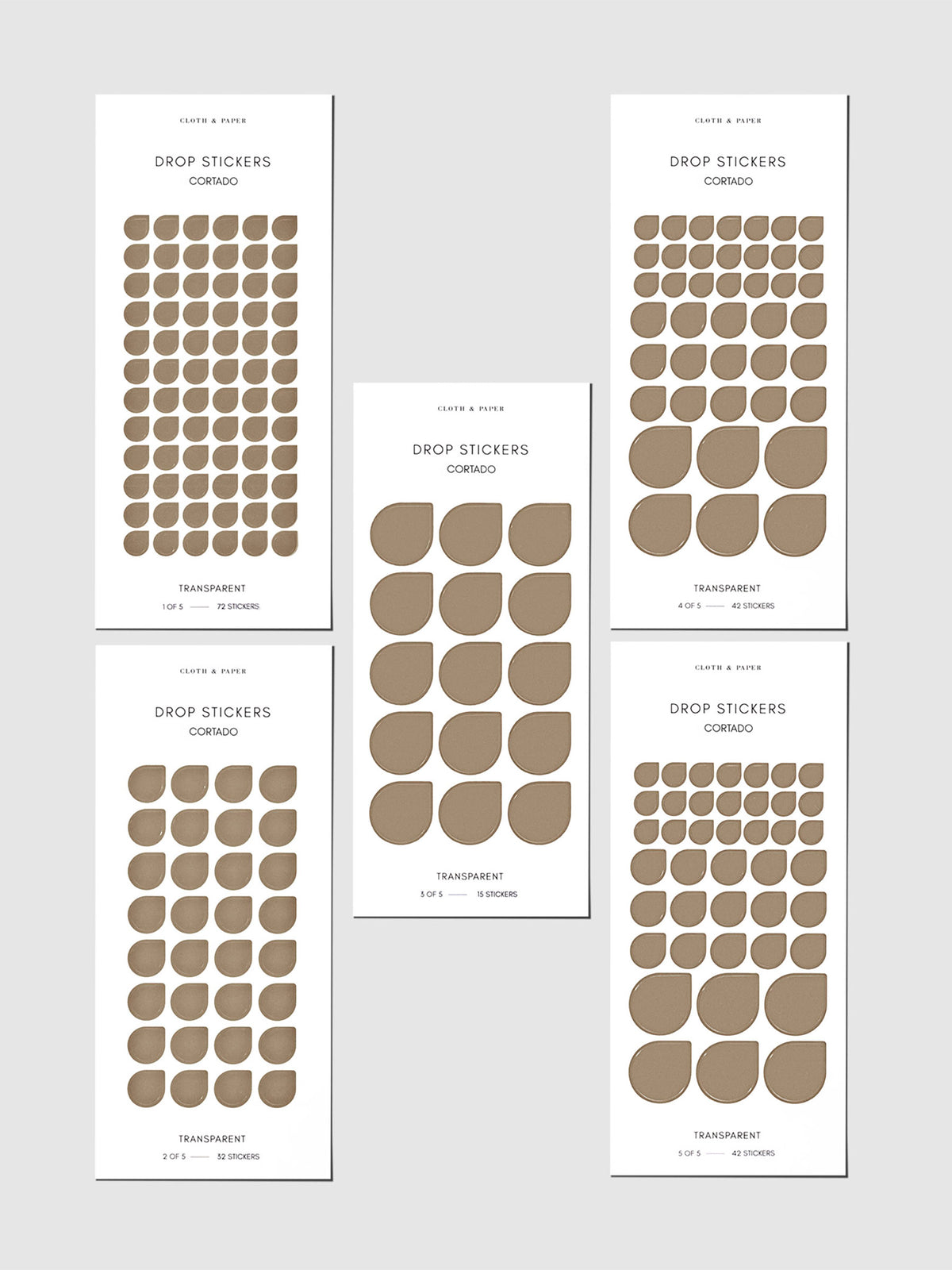 Set of five sticker sheets shown on a gray background. Color shown is Cortado.