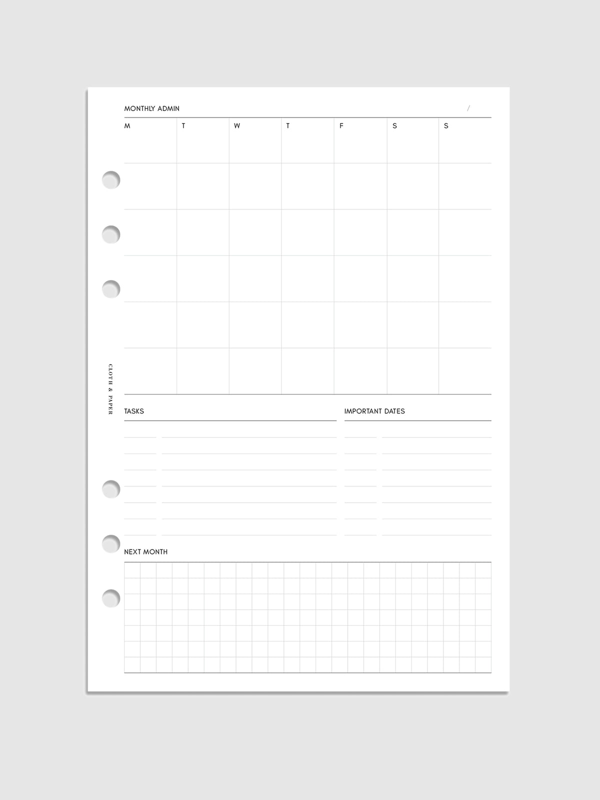 Monthly Admin Planner Inserts, Monday Start, A5, Cloth and Paper. Digital mockup of inserts in A5.