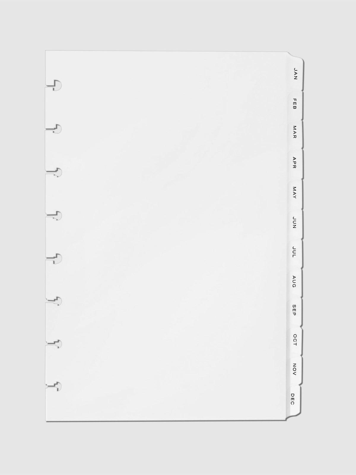 Monthly Side Tab Planner Dividers, Low Profile, Matte. Black foil tabs displayed on a neutral background.