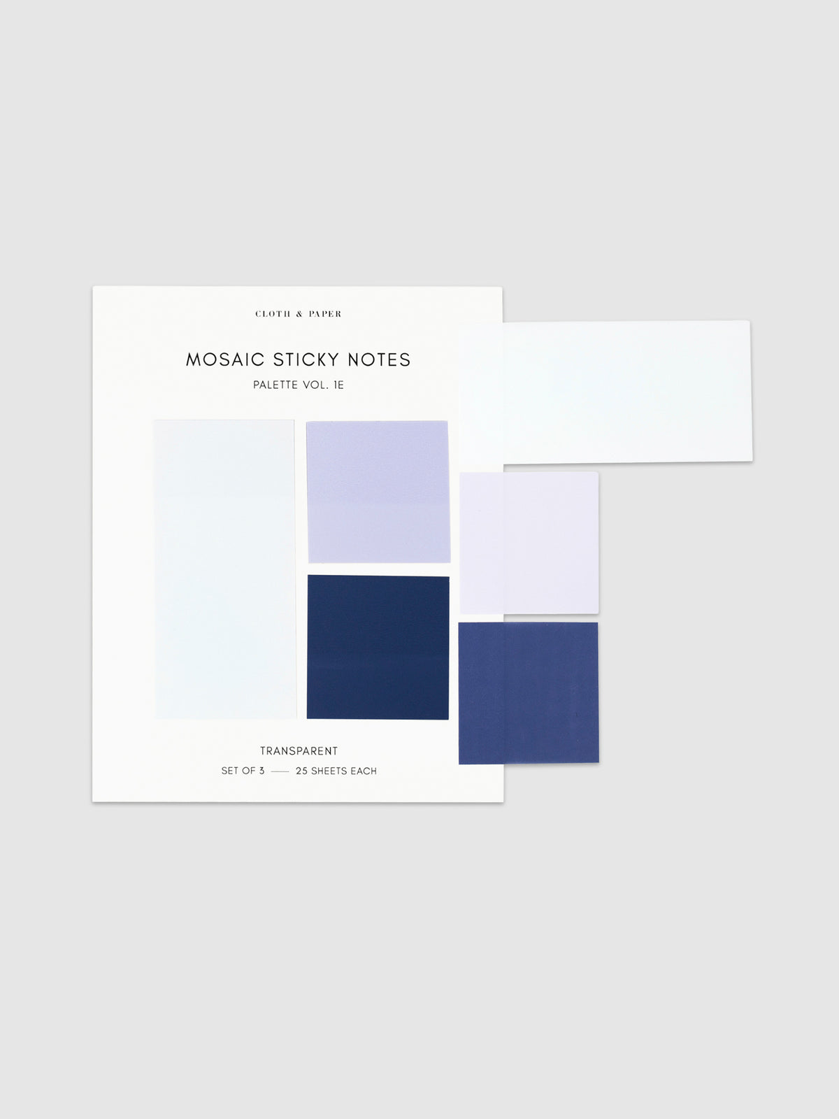 Mosaic Sticky Notes, Palette Vol. 1E, Cloth and Paper. Sticky notes on their backing with one of each sticky note stuck to the right side of the backing.