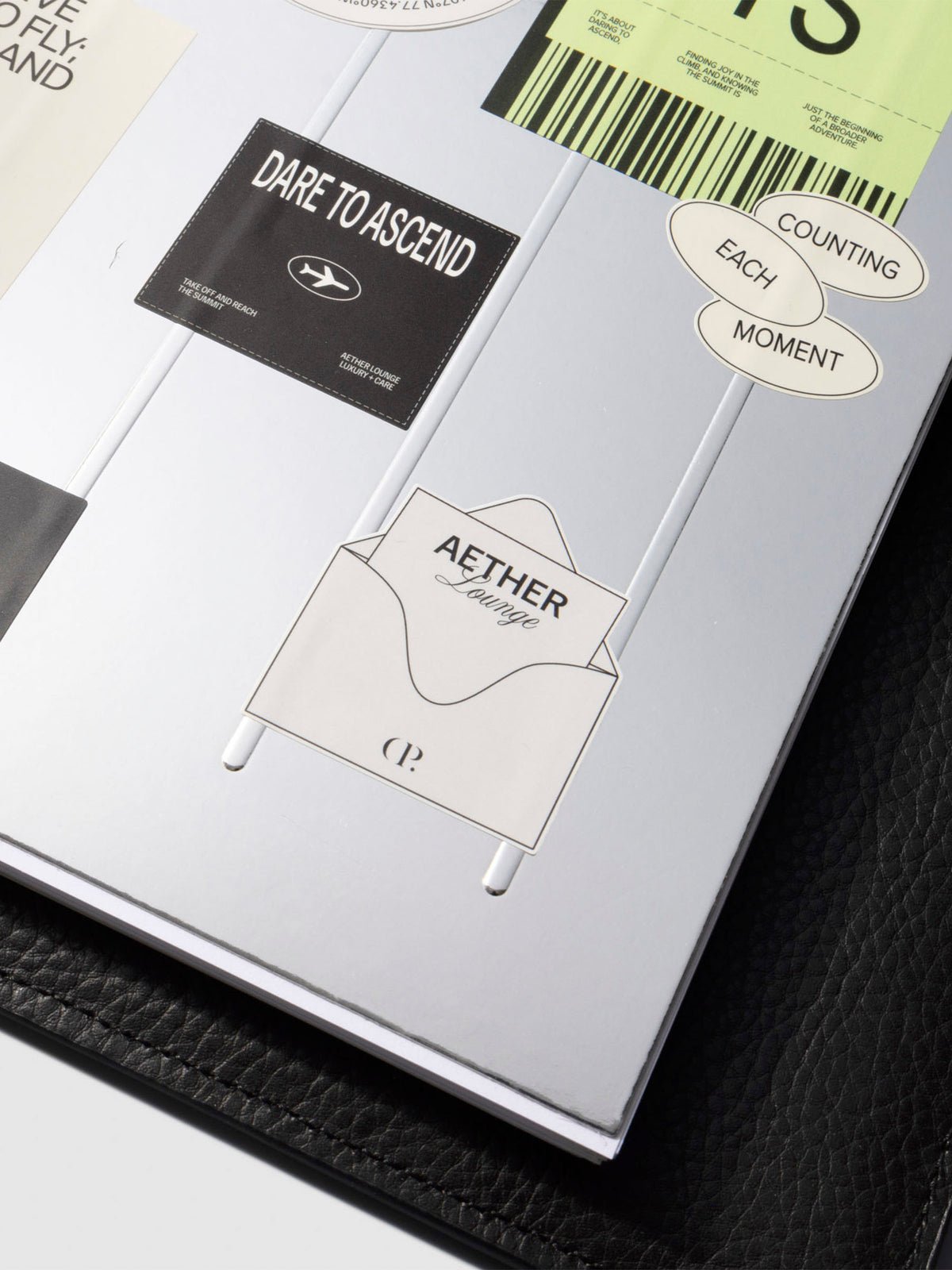 Closeup of dashboard in a black leather planner displayed on a neutral background. Size shown is HP Classic.