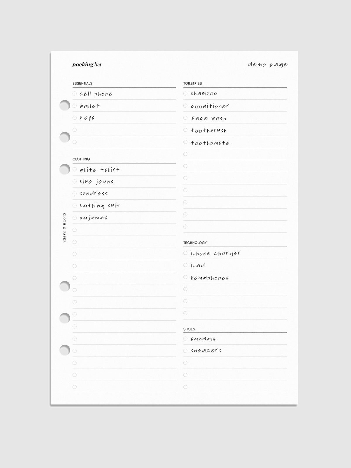 Packing List Inserts. Mockup of insert in A5.