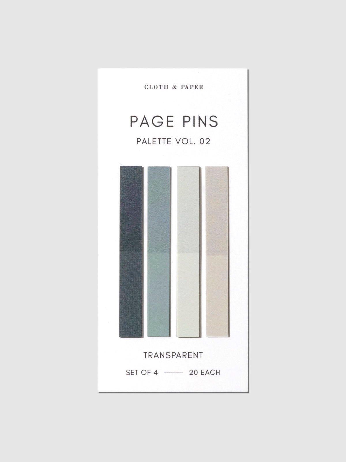 Page Pins Palette Vol. 02, there are 4 colors of page pins on a white backing card, displayed on a light gray background