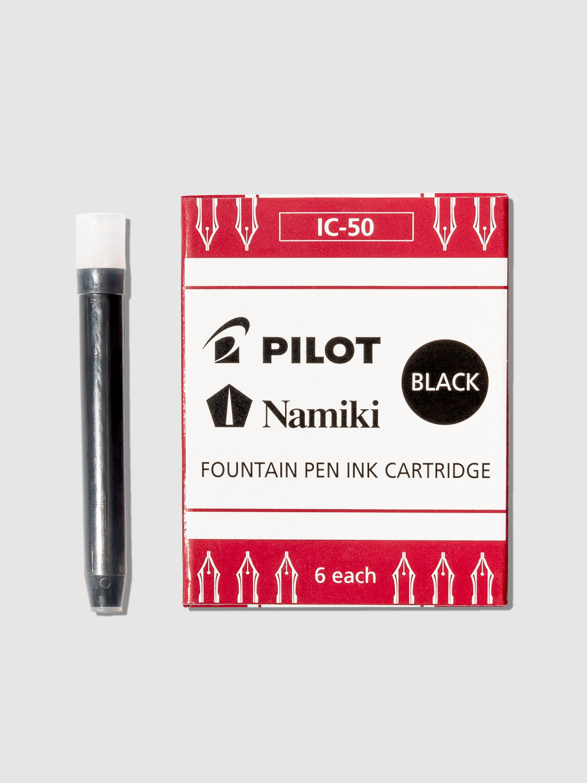 One ink cartridge displayed next to its packaging on a neutral background. Color shown is black. 