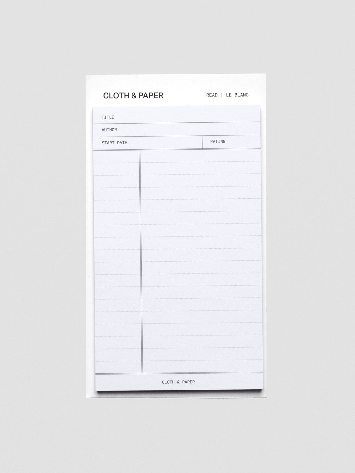 Black and white pad of sticky notes with fields for title, author, start date, rating, and notes section.