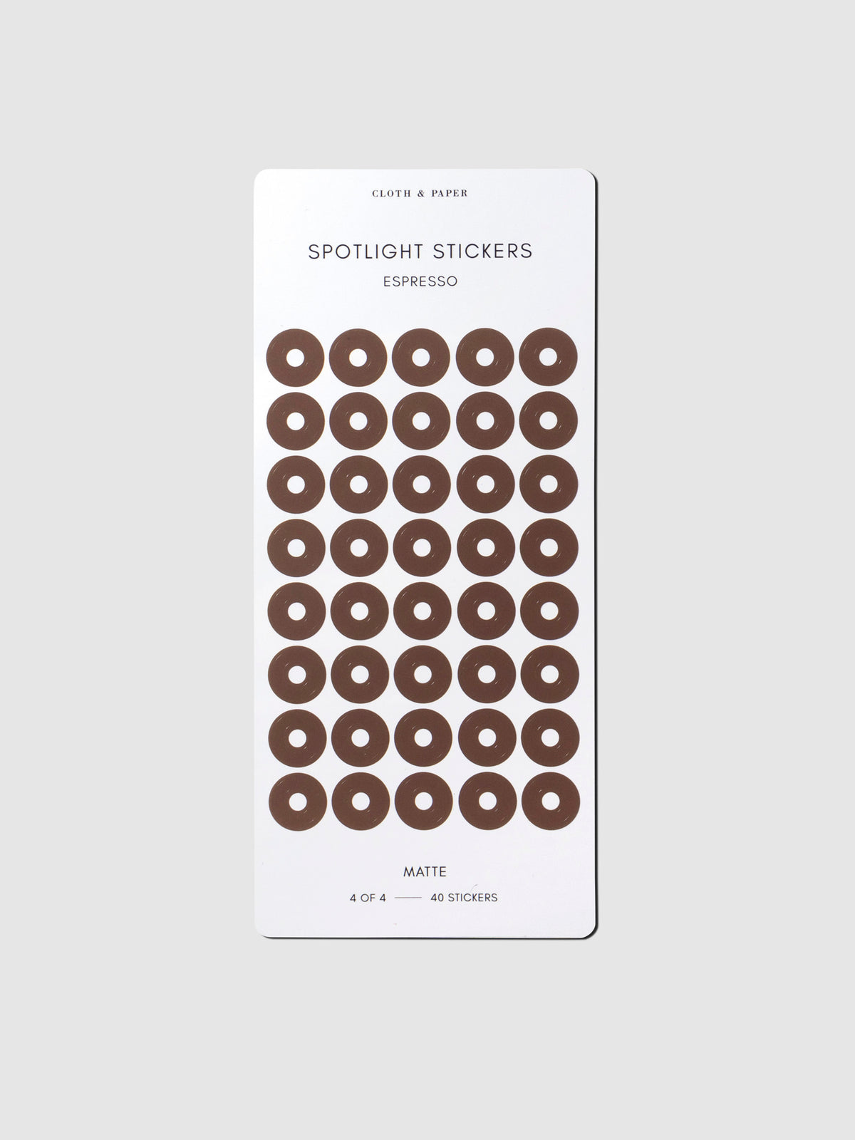 Sticker sheet displayed on a neutral background. Color shown is Espresso.