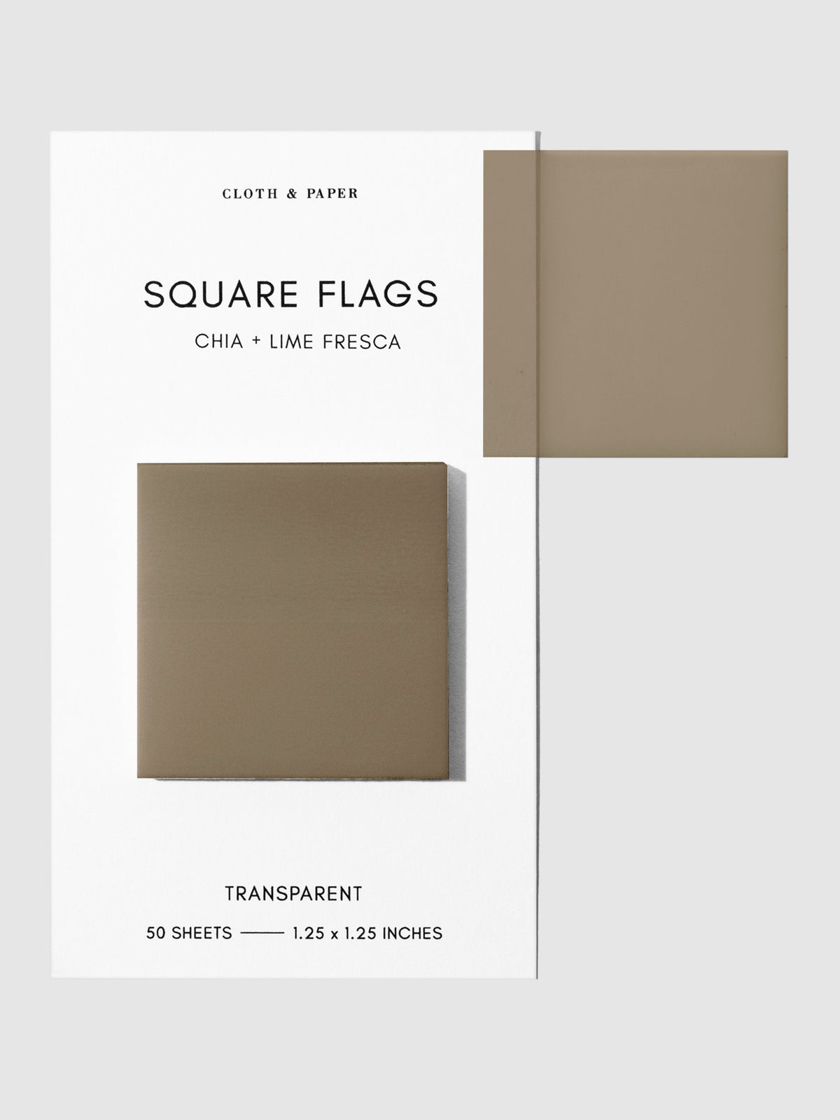 Square Page flag on their backing with one flag removed and attached to the backing to show its transparency. Color pictured is Chia + LimeFresca.