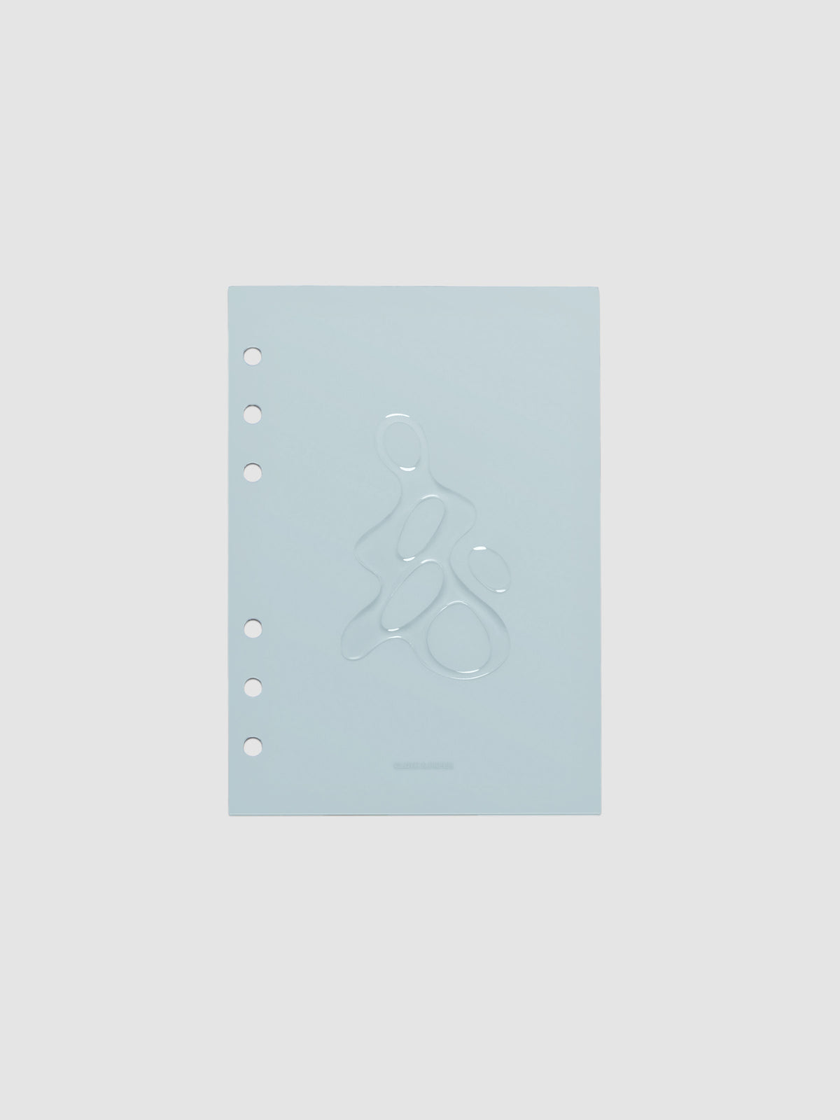Light blue, semi-transparent, and glossy plastic planner dashboard with organic raised shape design in size Personal Wide on a neutral background.