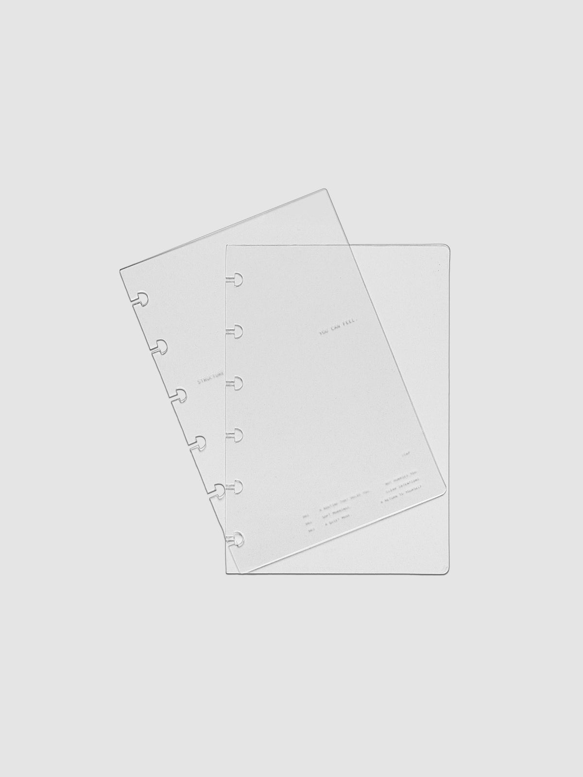 CP Petite sized crystal clear plastic planner cover set with text printed on the cover on the theme of structure and routines.