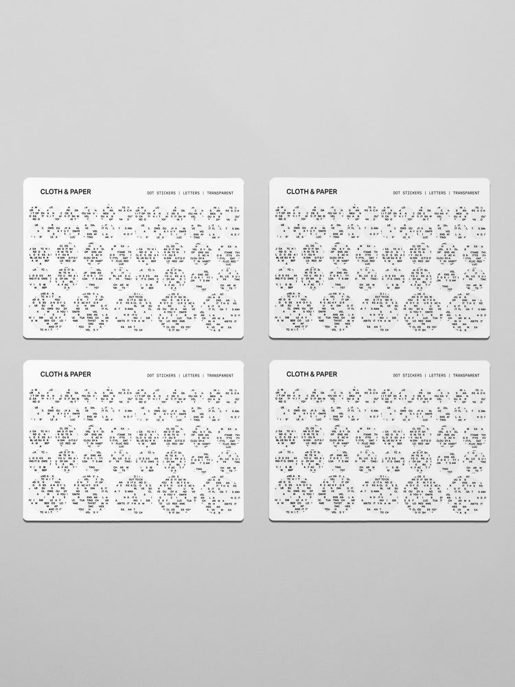 Complete set of four sheets of transparent dot stickers with letters design in three sizes shown on a neutral background.