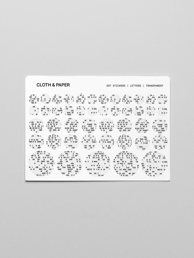 One sheet of transparent dot stickers with letters design in small, medium, and large sizes shown against a neutral background.