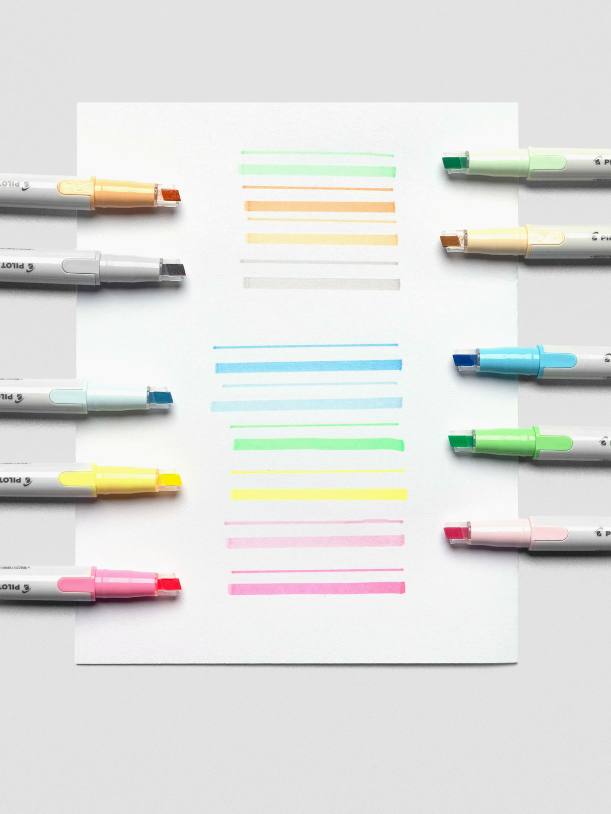 Set of six Pilot Kire-Na highlighters in Warm Grey, Blue, Green, Yellow, Orange, and Pink.