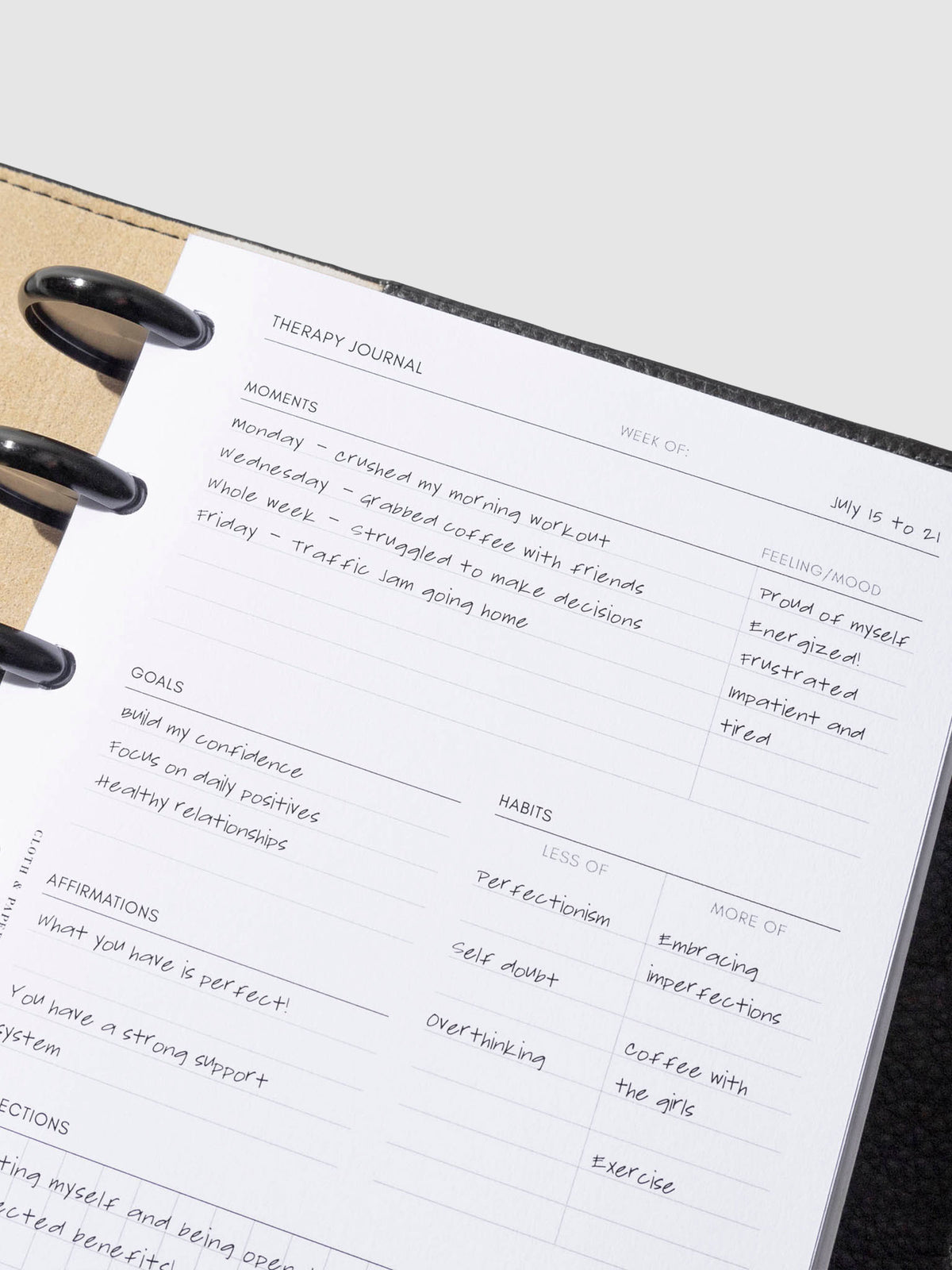 Insert shown in use inside a black leather agenda. Size shown is HP Mini.