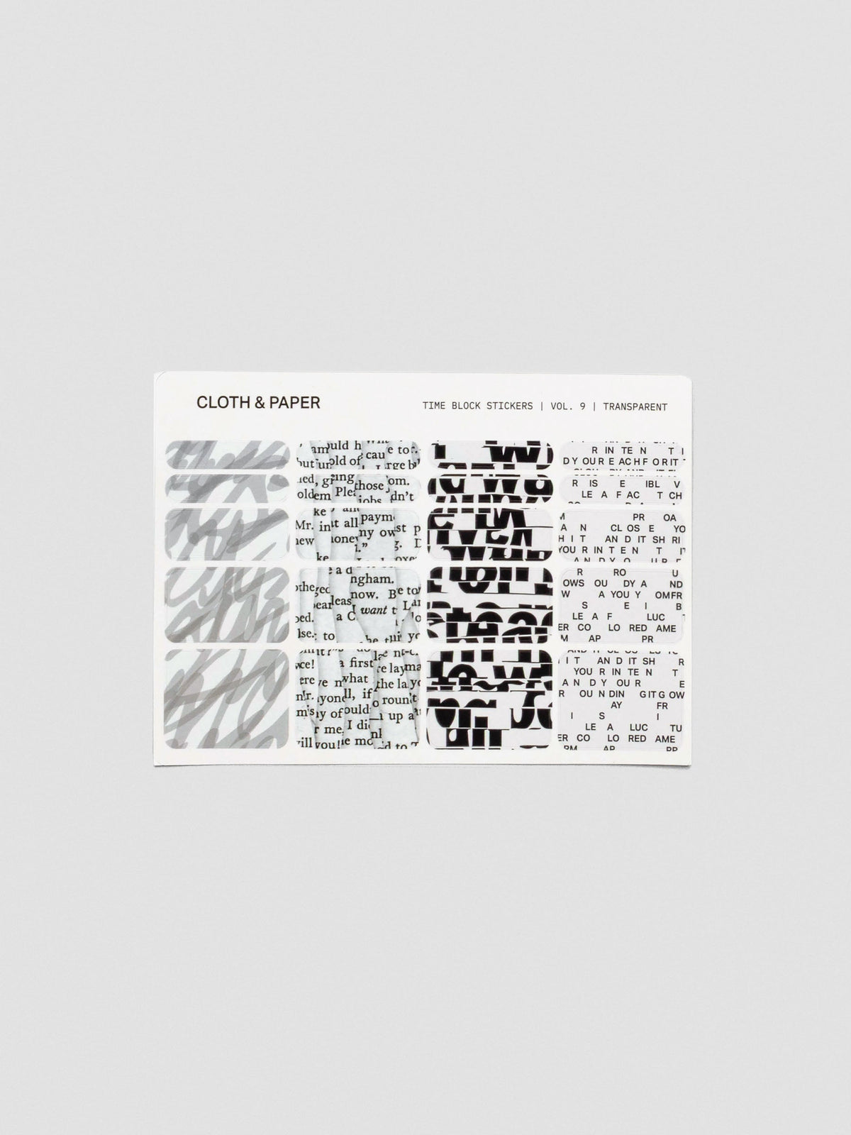 Cloth & Paper Time Block Stickers Vol. 9 in transparent. A single sheet featuring rectangular stickers in layered black-and-white designs, including script, bold type, and text patterns.