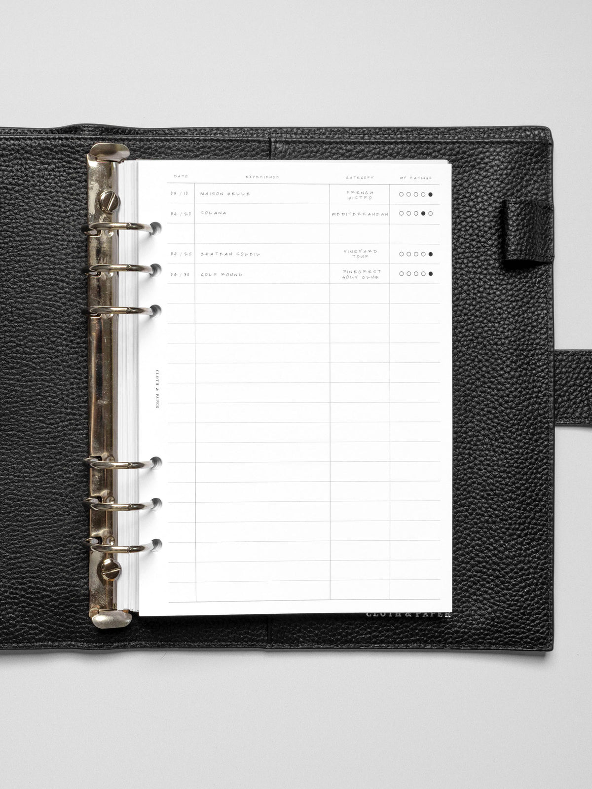 A5-sized Tracker Planner Insert filled in with handwritten entries, showcasing columns for date, experience, category, and ratings.