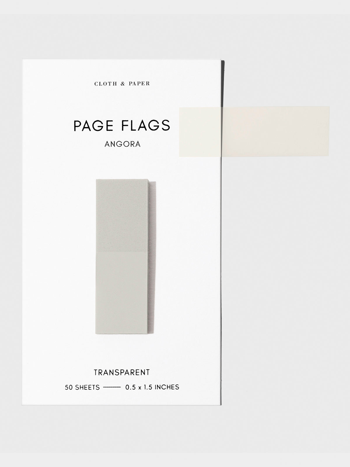 Page flags on their backing with one flag removed and attached to the backing to show its transparency. Color shown is Angora.