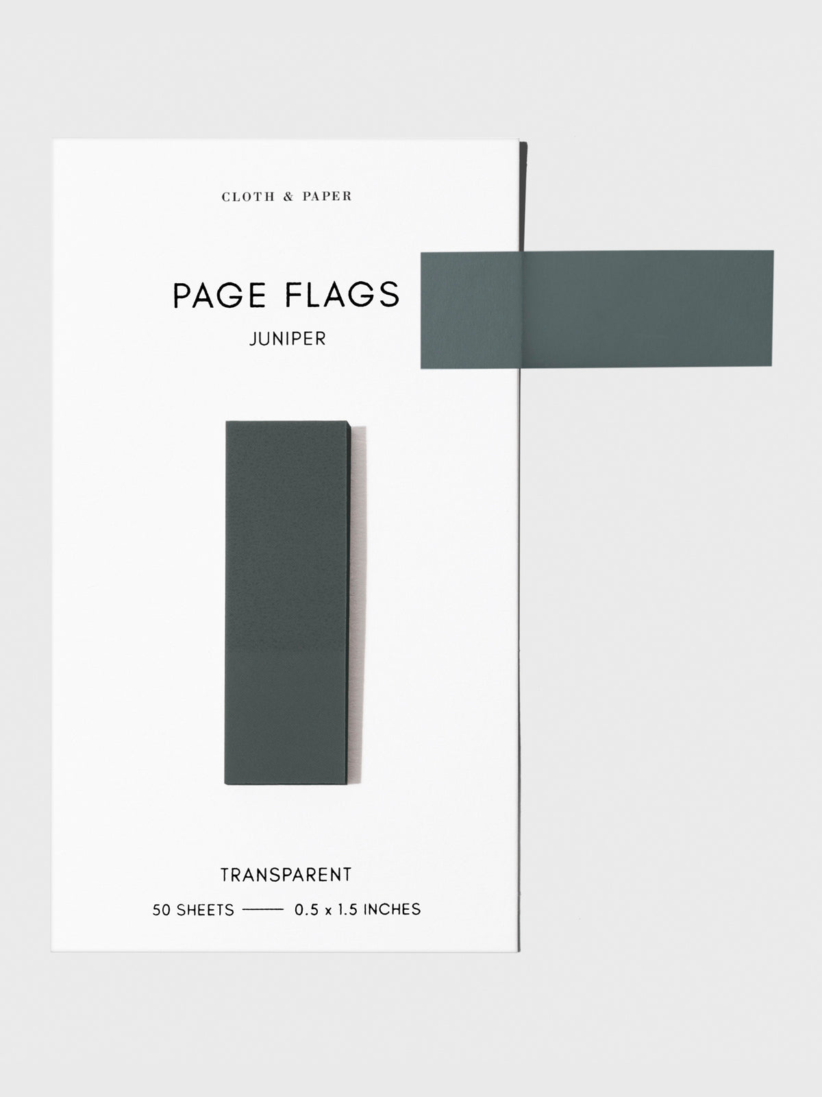 Page flags on their backing with one flag removed and attached to the backing to show its transparency. Color shown is Juniper.