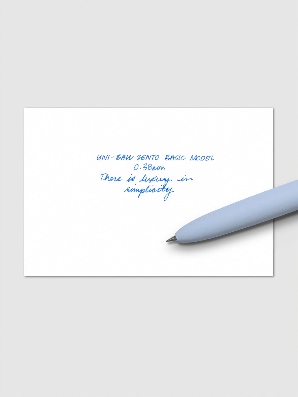 Handwritten writing sample using the Uni-ball Zento Basic Model Pen in Blue with nib size 0.38 mm.