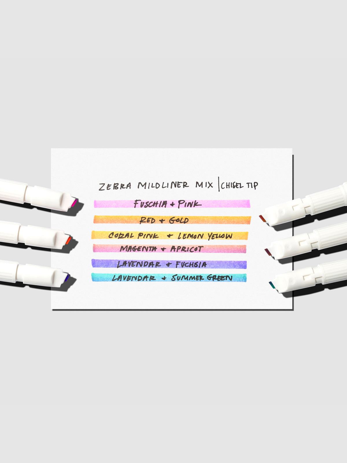 Pen testing sheet showing all color options. Each highlighter is shown on the sides of the pen testing sheet.