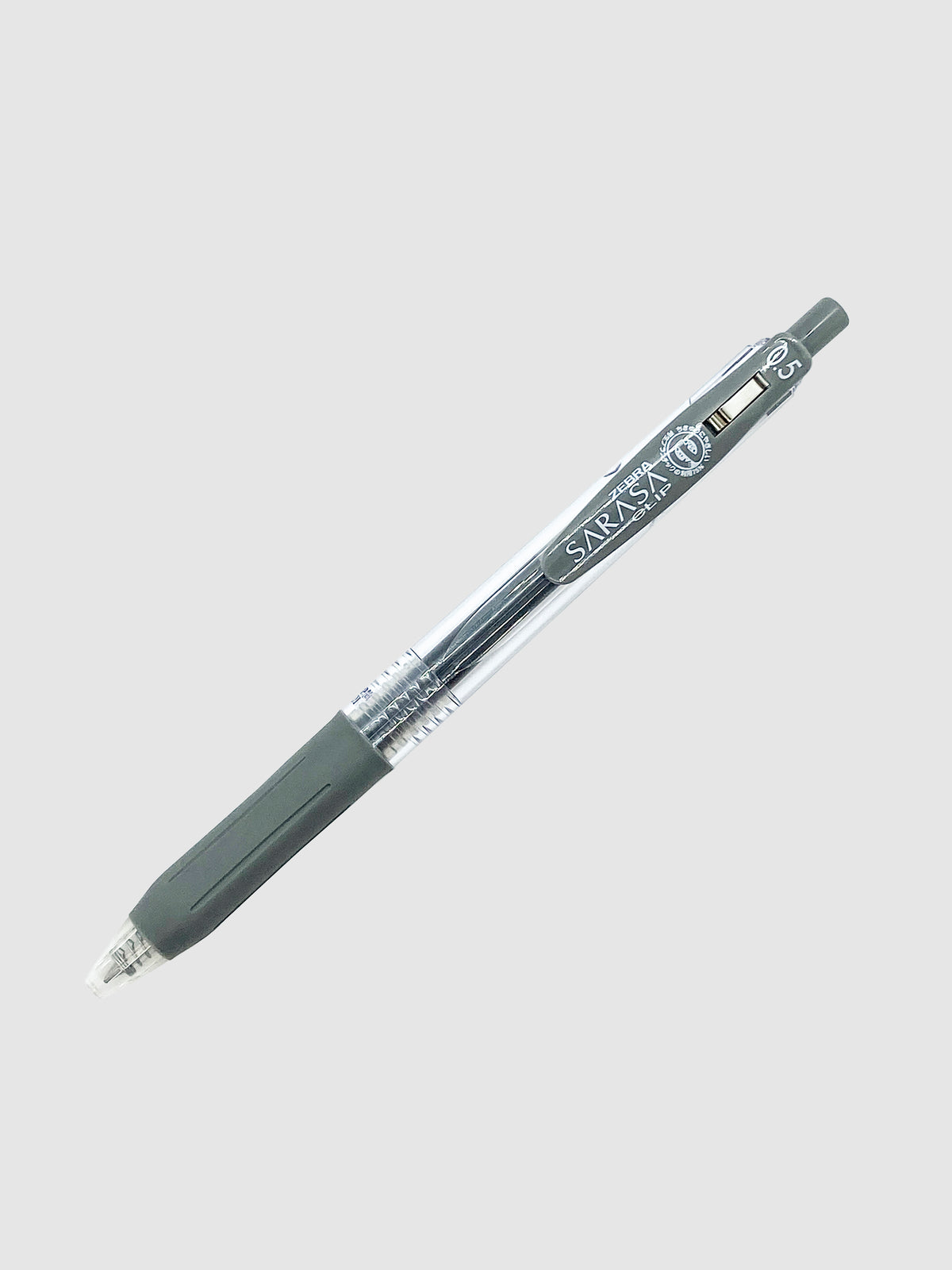 Zebra Sarasa Clip, 0.5 mm, Gray, Cloth and Paper. Pen turned to the right against a neutral background.