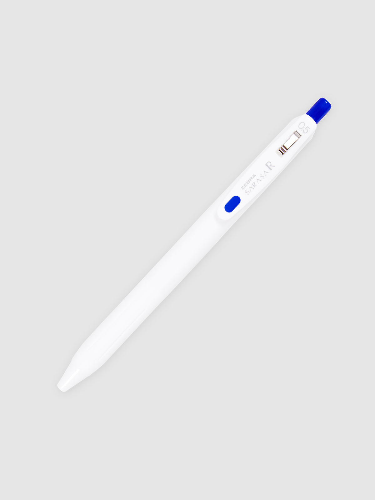 Zebra Sarasa R Pen, 0.5 mm, Blue, Cloth and Paper. Pen with nib exposed turned to the right against a neutral background.
