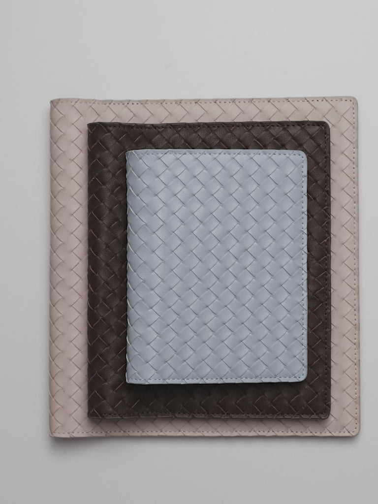 Cloth & Paper Woven Leather Folio Covers shown in all sizes and colors.