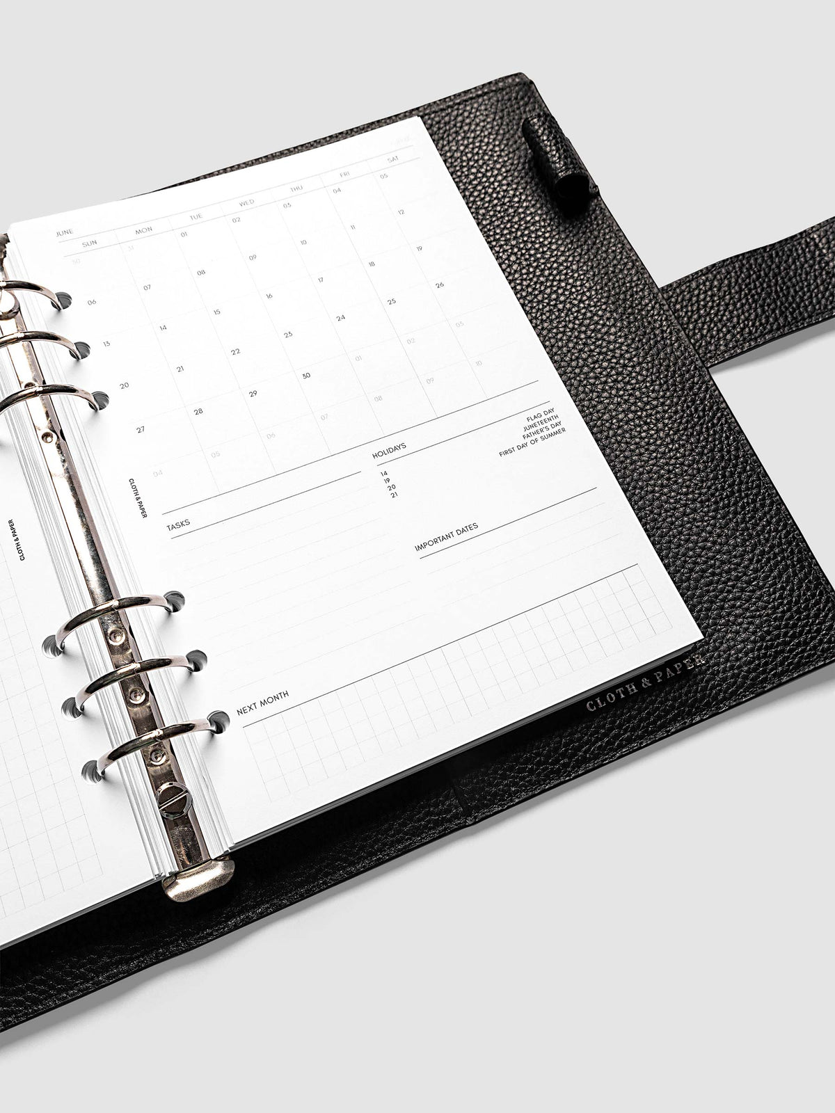 Close-up of the monthly admin right page in the 2027 Dated Monthly Admin Inserts, A5 6-Ring Punch 6-ring size, showing the Sunday start calendar, task section, holiday reference, important dates, and next month preview.