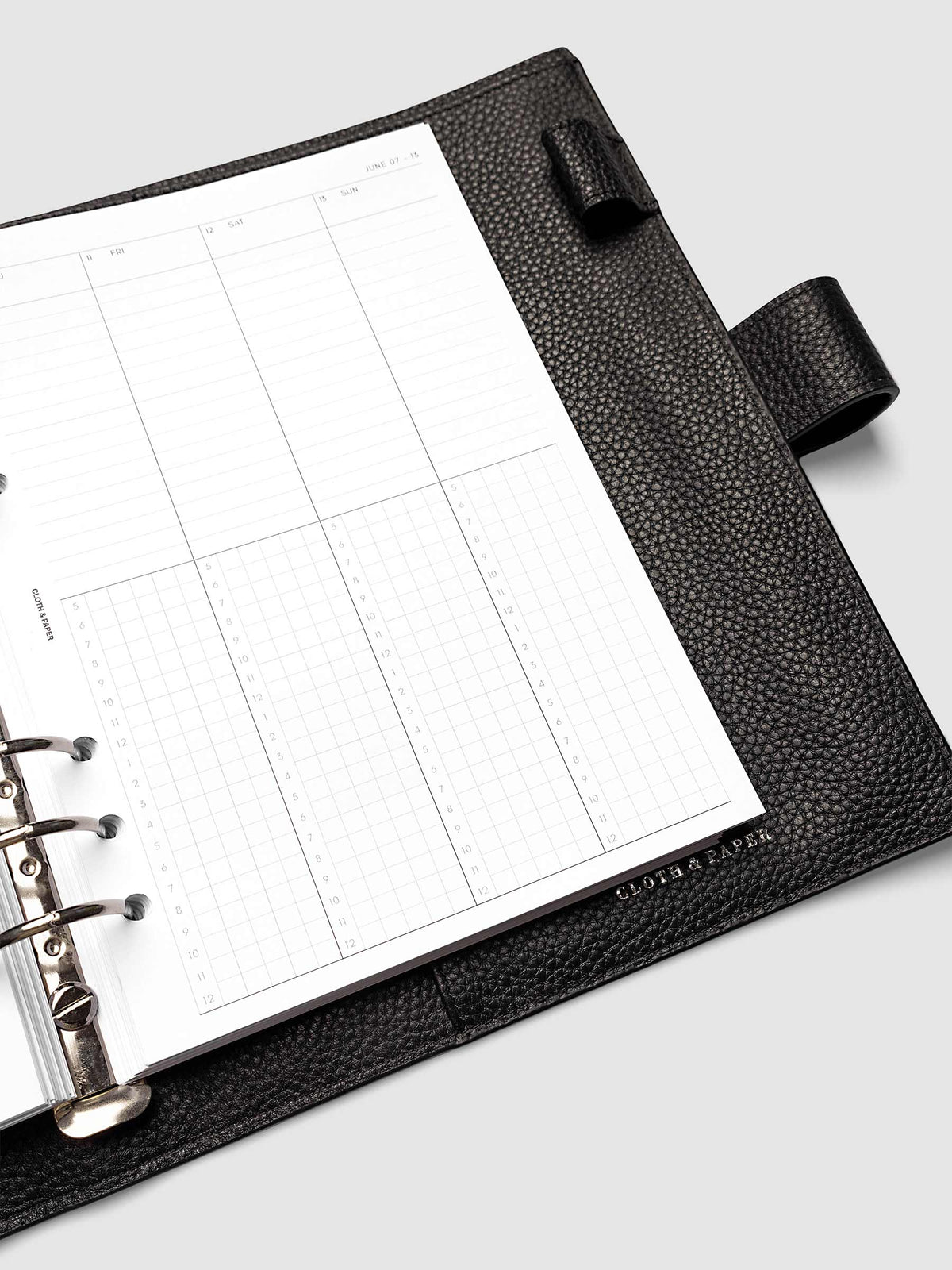 A5 6-Ring Punch right page detail showing time blocking grid in a planner